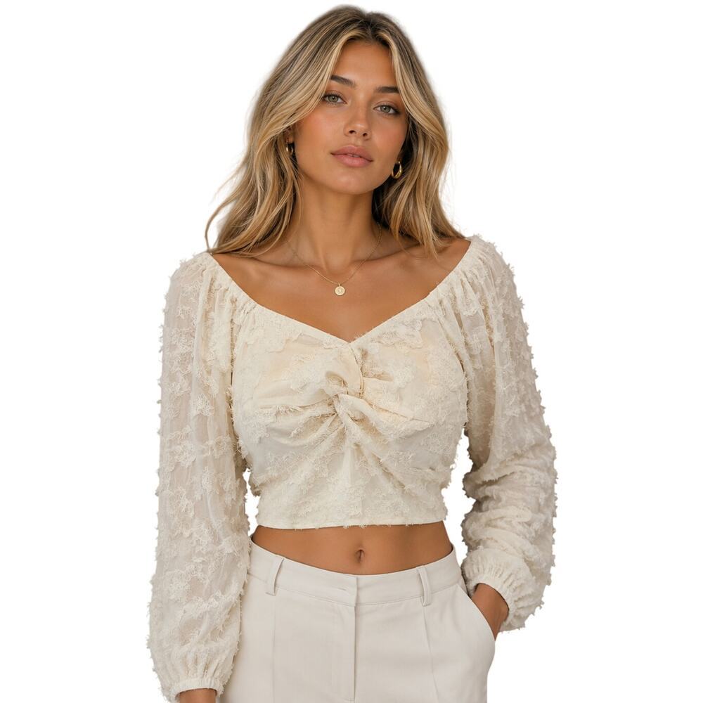 & Merci sz S raglan old money crop peasant neautral blouse v neck chic sexy EUC
